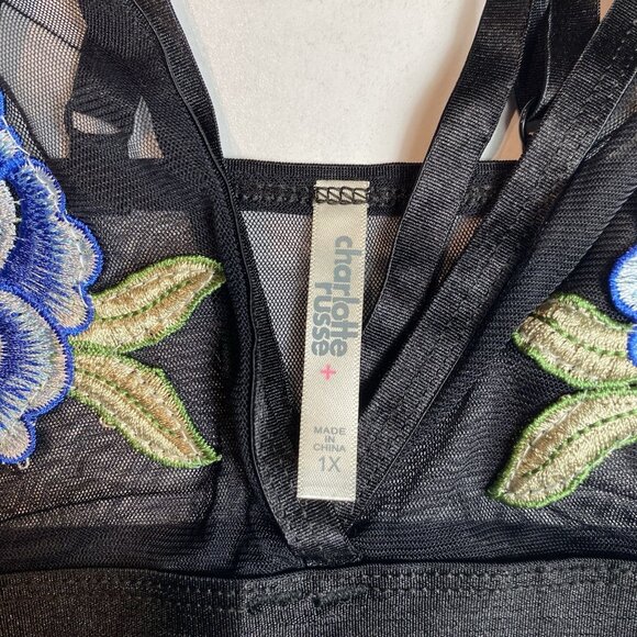 Charlotte Russe Bralette Black Blue Rose Wireless Pullover Strappy Back 1X - Picture 3 of 5